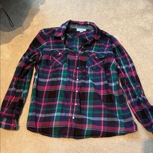 dressbarn Pink and Green Plaid Button Down Shirt